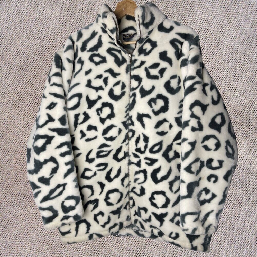 Faux Fur Snow Leopard Print Jacket Oversized Zip Up Cruella Deville Heavyweight